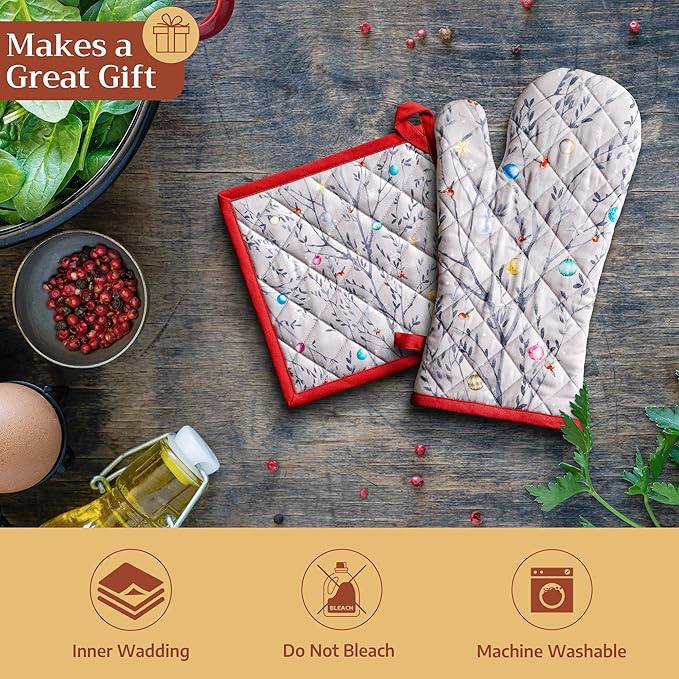 Maison d' Hermine 100% Cotton Oven Mitt & Pot Holder Set (7.5"x13" & 8"x8") Heat Resistant BBQ Cooking Gloves with Loop for Thanksgiving Christmas Decorations Handling Hot Pans (Fairy Christmas)