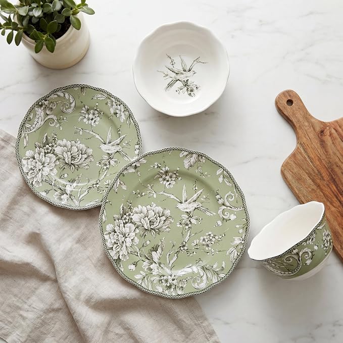 222 Fifth Adelaide Sage 12-Piece Green Porcelain Dinnerware Set – Service for 4, Big Dinner Plates and Bowls Sets, Green with White Floral Pattern, for Daily Entertainment, Microwave & Dishwasher Safe
