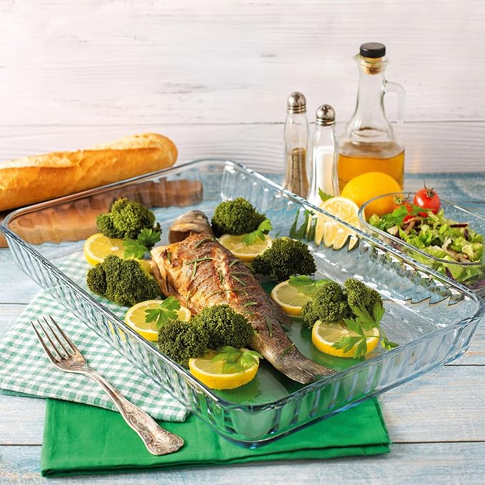 4-Piece Ums 4-Qt (16" x 11" x 2") Glass Baking Dishes for Oven, Glass Oven Pan & Tray Bakeware, Borosilicate Glass Casserole Dish Cookware, Microwave & Oven-Safe Clear Bakeware