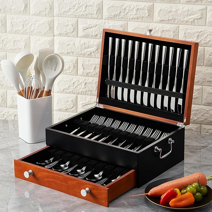 Silverware Storage Box, Wood Chest - without Cutlery - Tarnish Proof Felt Lined Storage Silver Chest, Store Sterling Silverware SilverTarnish Proof Flatware Hardware for 12 or 16 or more Utensil sets