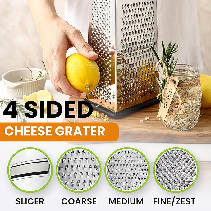 Spring Chef Magnetic Measuring Cups & Spoons Set of 15 with Leveler, Black & Stainless Steel Large Box Grater with Handle - 2 Product Bundle