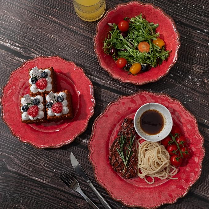 LEHAHA Luxury 12 Piece 100% Melamine Dinnerware Sets, Rustic Scalloped rim Bowls and Dinner/Dessert Plates set, Spring Camping dishes indoor and outdoor use, Service for 4, Christmas Red