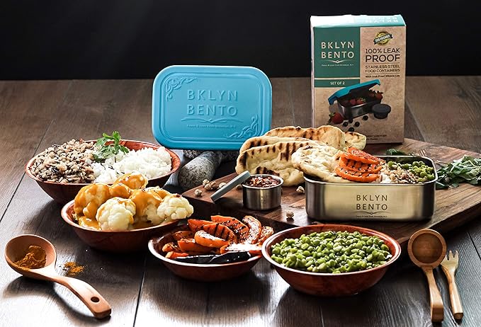 Stainless Steel Food Container & Condiment Holder | Leak Proof Silicone Lid | Metal Lunch Box | Bento Box | Portion Control Snacks Dressings [2 PCS Set/Blue]