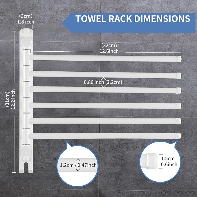 Swivel Towel Rack, 12.6 Inch Towel Bar with Wall Mounted 180° Rotation, 6 Arms Towel Hanger SUS 304 Stainless Steel, Space Saving for Kitchen, Bathroom, Outdoor, White