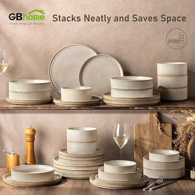 GBHOME 18-Piece Stoneware Dinnerware Set for 6 – Ribbed Ceramic Plates and Bowls, Scratch-Resistant, Microwave & Dishwasher Safe, Reactive Glaze, Cappuccino