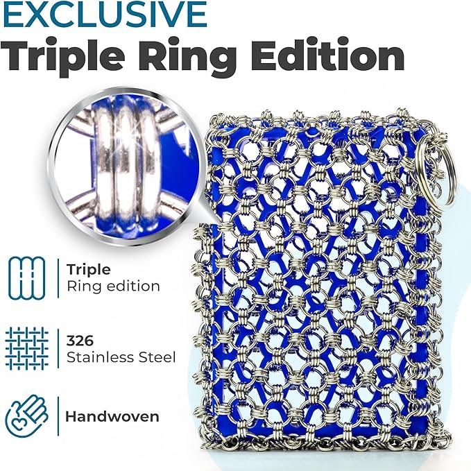 Cast Iron Care Bundle: 316 Stainless Steel 𝐓𝐫𝐢𝐩𝐥𝐞 𝐑𝐢𝐧𝐠 𝐂𝐡𝐚𝐢𝐧𝐦𝐚𝐢𝐥 Scrubber (Blue) & Extra Thick Leather Handle Cover (𝐌𝐚𝐝𝐞 𝐢𝐧 𝐆𝐞𝐨𝐫𝐠𝐢𝐚) – Perfect for Pan