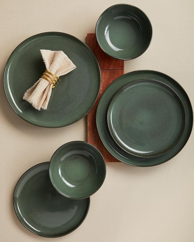 Pokini Large Holiday Dinnerware Sets for 8, Ceramic Plates and Bowls Set, Kitchen Dish Set, Microwave & Dishwasher Safe Dishware, Perfect for Christmas & Thanksgiving, Forest Green