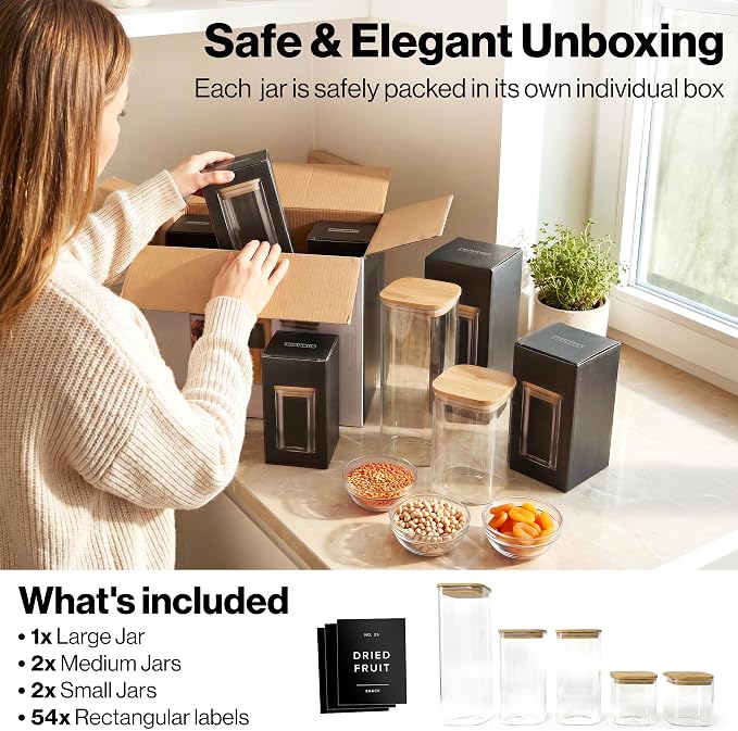 EDELHAUS Glass Storage Containers with Lids - Canister for Pantry Food | Bamboo Lids Black Labels Set of 5 - cereal flour sugar rice coffee tea spice pasta noodles dry goods 54 pre-printed labels