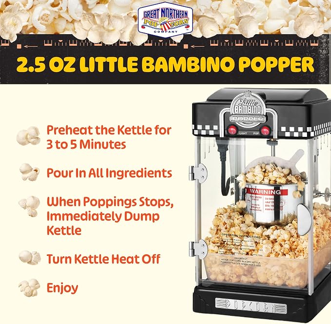 Great Northern Popcorn 83-DT5620 Northern Company GNP BlackGNP Little Bambino 2-1/2 Ounce Retro Style Popcorn Popper Machine, 2.5 Ounce, Black | Countertop or Tabletop Movie Theater Style Popcorn Maker Machine with Stainless-Steel Kettle Popper - Movie...