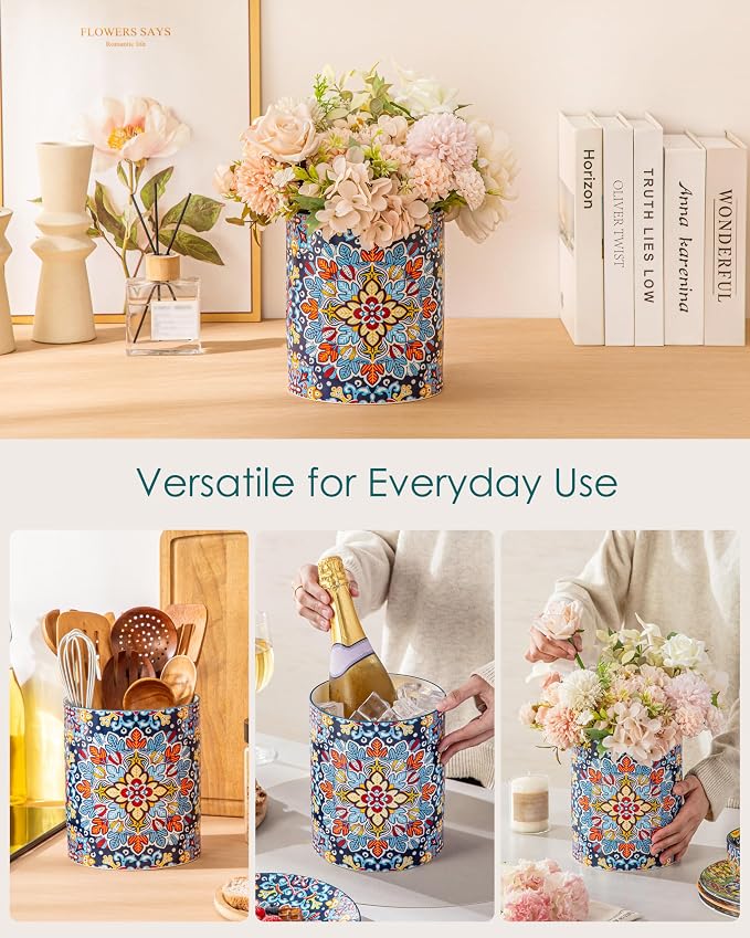 vancasso SIMI Utensil Holder, 7.3"+5.5" Porcelain Kitchen Utensil Holder for Countertop, Bohemian Kitchen Utensil Organizer for Spatulas, Spoons, Decorative Counter Utensil Crock, Twilight Bloom