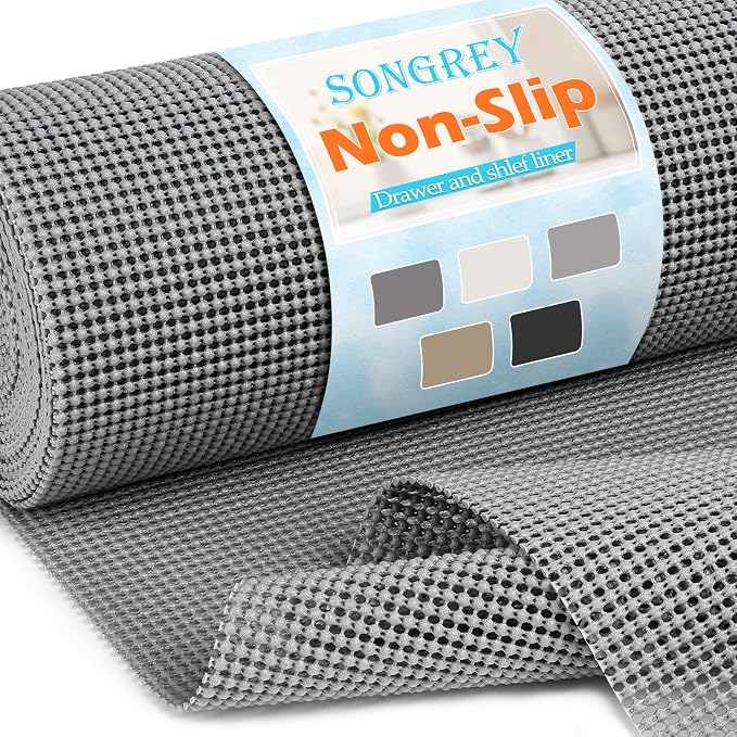 Songrey Non-Adhesive Drawer and Shelf Liner, Non Slip Cabinet Liners, Protect Kitchen Cupboard, Bathroom Drawers, Breathable, Thick Strong Grip mat (23.6IN x 30FT, Dark Gray)