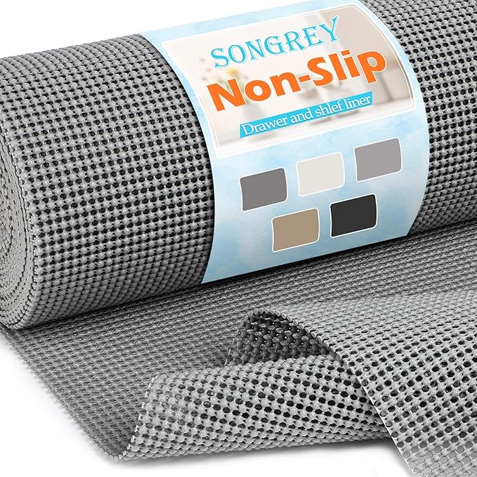 Songrey Non-Adhesive Drawer and Shelf Liner, Non Slip Cabinet Liners, Protect Kitchen Cupboard, Bathroom Drawers, Breathable, Thick Strong Grip mat (17.5IN x 30FT, Dark Gray)