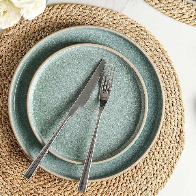 Earth & Clay Amber 12-Piece Dinnerware Set Stoneware, Dishwasher and Microwave Safe Plates and Bowls Set, Dish Set for 4, Green