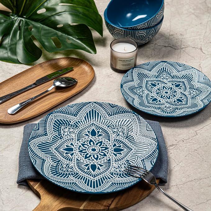 Bzyoo 12-Piece Ceramic Dinnerware Set: La La Mandala Blue Dish Set Design for Every Occasion - Microwave & Dishwasher Safe Stackable Plates Bowls