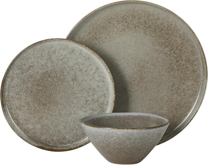 Gibson Elite Coastal Forest Plates and Bowls Sets, 12-Piece Stoneware Dinnerware Sets, Triple Reactive Glaze Dish Set - Slate Grey