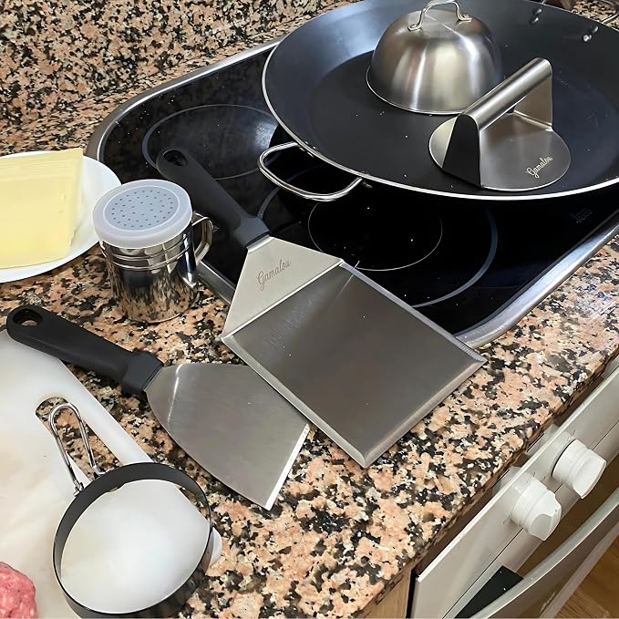 Gamalou® 7 Pcs Smash Burger Press Kit: Stainless Steel Burger Smasher, 6x5" Spatula, 4" Scraper, 2 Melting Domes, Seasoning Shaker, Egg Ring, Griddle Accessories for Blackstone, Grill, Frying Pan