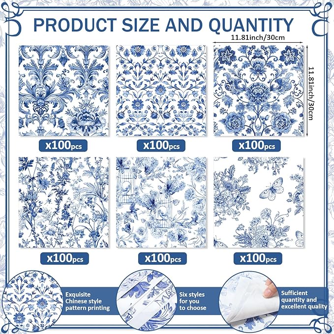 Affrolling 600 Pcs Wax Paper Sheets for Food Blue Floral Chinoiserie Bird Deli Paper Vintage Sandwich Burger Parchment Wrapper Food Basket Liner Wax Sheets for Picnic Party Supplies Kitchen, 6 Styles