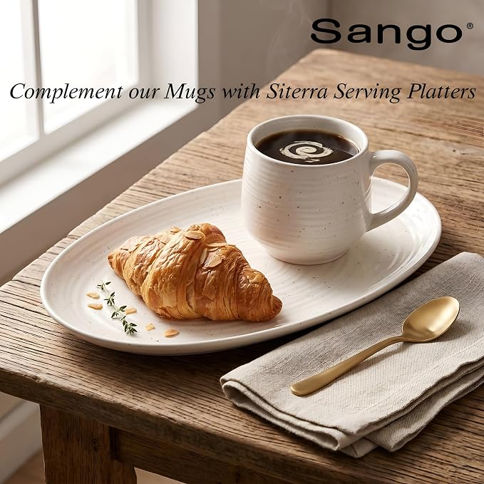 Sango Siterra Artist's Blend 17 oz. Stoneware Mug Set- Service for 4, Rustic Design, Green/White/Beige, Scratch-Resistant, Microwave & Dishwasher Safe, for Everyday Dining & Entertainment