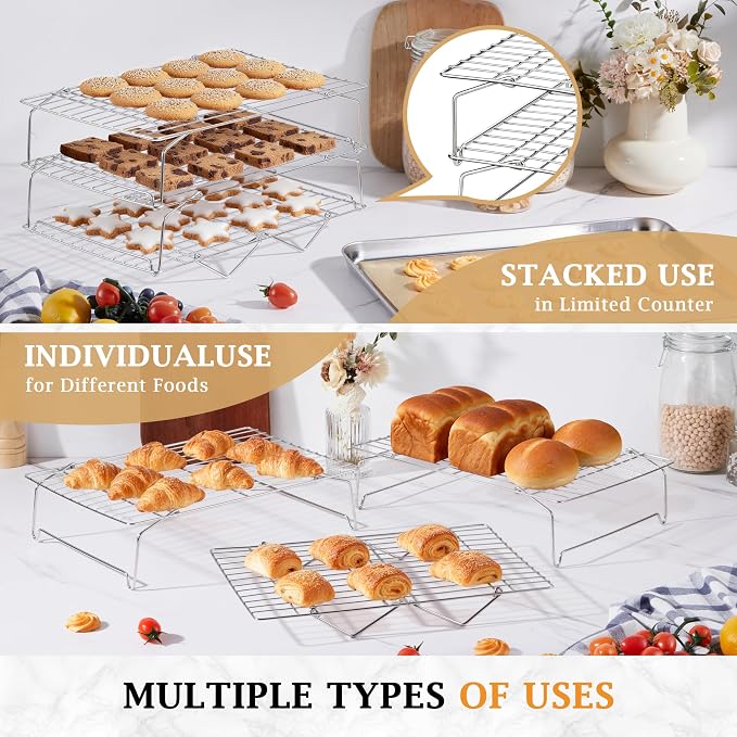 LIANYU Cooling Rack 15"x10", 5-Tier Stackable & Collapsible Stainless Steel Baking Wire Racks for Cooking, Baking, Roasting, Drying, Oven & Dishwasher Safe, Silver