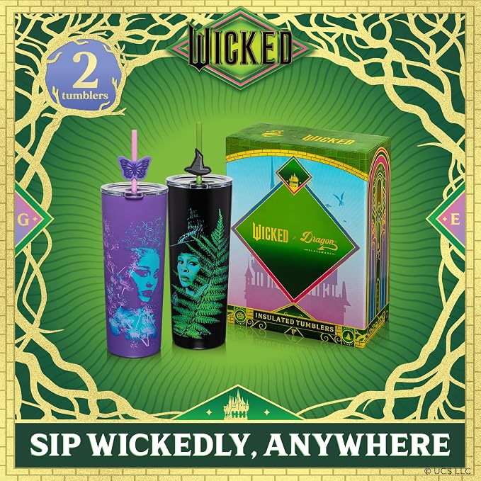 Dragon Glassware x Wicked: For Good 2-Pack 24 oz Vacuum Insulated Tumbler with Lid and Straw - Set of 2 Tumblers with 4 Straws and Toppers - Official Wicked Merch - For Good