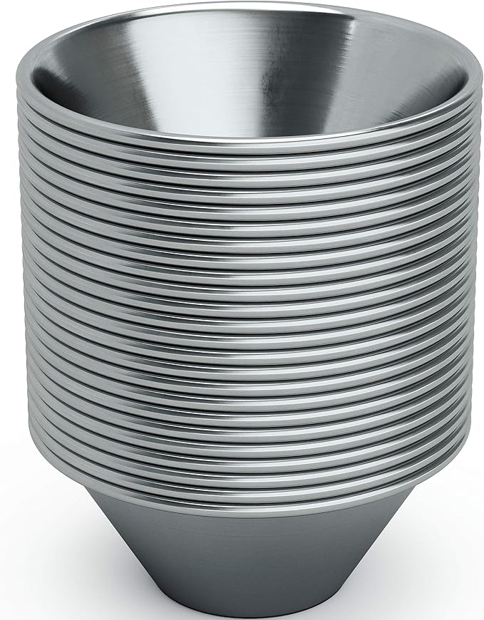 Pro Grade Stainless Steel 1.5 oz Sauce Cups 24 Pk. Reusable Stackable Metal Portion Containers for Sampling, Salad Dressing, Sides or Dipping Sauces. Small Ramekin for Restaurant Catering or Deli.