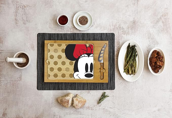 PICNIC TIME Disney Minnie Mouse Icon Glass Top Cheese Board and Knife Set, Charcuterie Serving Tray, Removable Tempered Glass, Parawood and Bamboo Design, (Parawood & Bamboo)
