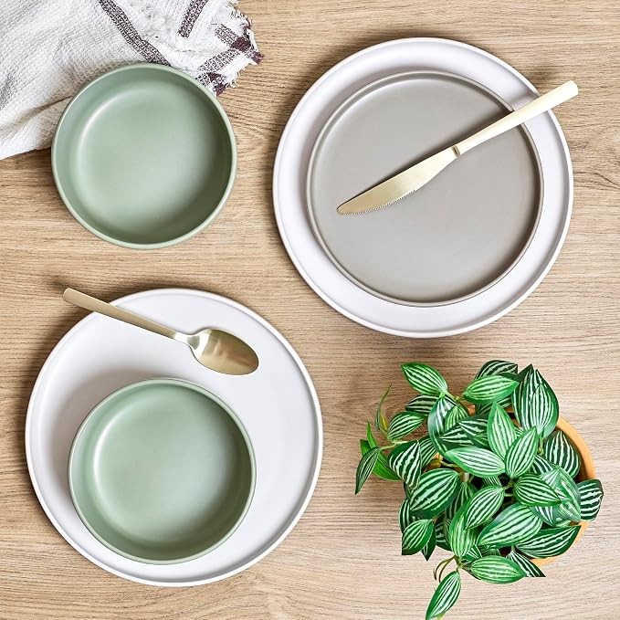 Sango 12-Piece Stoneware Dinnerware Set for 4, Satin Glazed Plates and Bowls Sets with Matte Finish, Ceramic Dish Set, Durable Kitchen Dishes, Microwave & Dishwasher Safe for Casual Dining, Rollo Alta