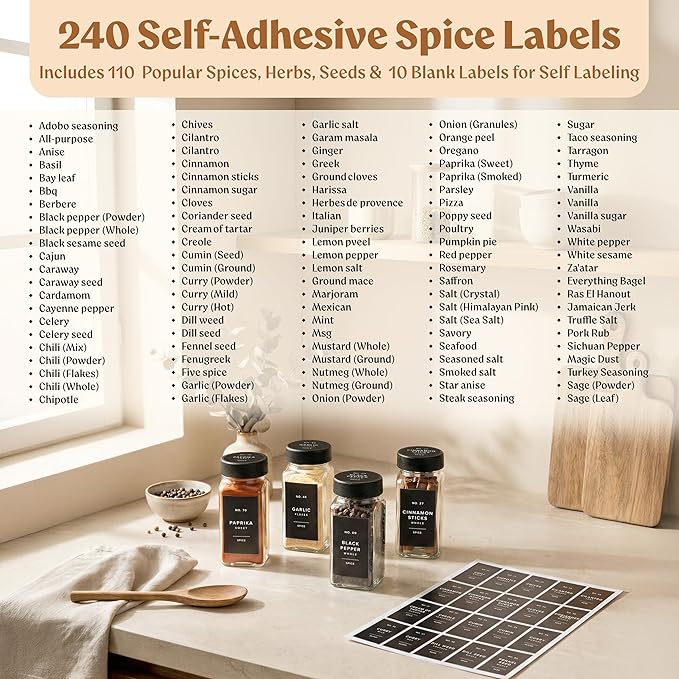 EDELHAUS Square Glass Spice Jars (24 x 4oz) with Black Lids + Magnetic Spice Rack for Refrigerator (Fits 12 Jars) + Bonus Slim Auxiliary Rack, 240 Labels, Shaker Inserts, Funnel