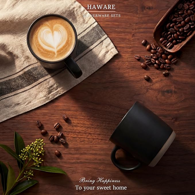 HaWare 13OZ Coffee Mugs Set of 4, Stoneware Coffee Cups, Ceramic Latte Mug for Man, Woman, Dad, Mom, Modern Tea Mugs for Latte/Cappuccino/Cocoa/Milk, Dishwasher& Microwave Safe, Frosting Black