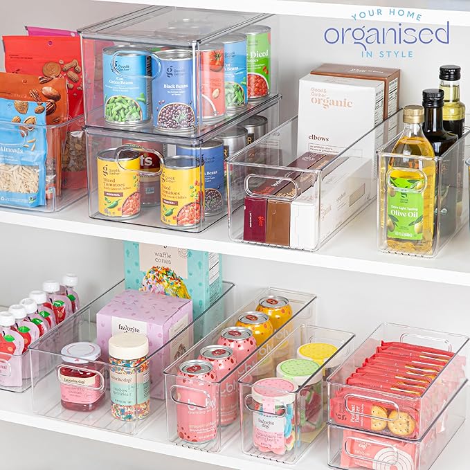 Plastic Food Storage 4 Pack Clear Container Bin with Handles for Organizing Kitchen, Pantry, Fridge, Freezer, Pantry,Bathroom. 16"x4"x5"