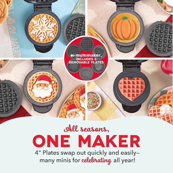 Dash Holiday MultiMaker Mini System - Includes Seasonal Snowflake, Pumpkin, Heart, Santa, and Classic Waffle Plates - Red, Six 4-Inch Removable Plates