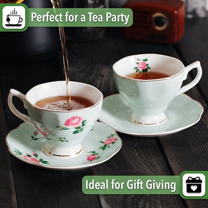 BTaT- Floral Tea Cups and Saucers, Set of 2, 8 oz, Fine Porcelain Teacup Set with Gold Trim for Afternoon Tea, Weddings, Parties & Gifting, Dishwasher Safe, Lightweight, Non-Toxic