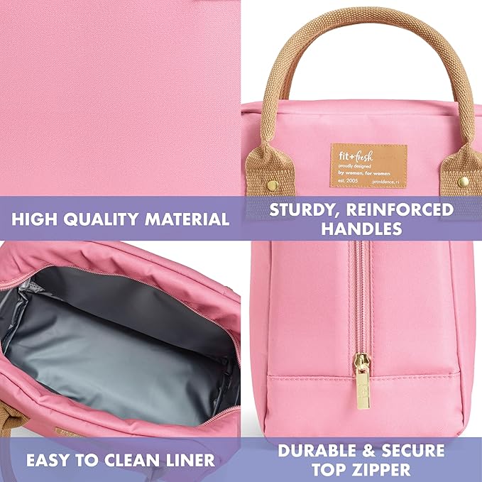 Fit & Fresh Bloomington Lunch Bag for Women - Insulated Large Lunch Box for Work with Containers, Leak-Resistant, Stain-Resistant, Zipper Closure, Dusty Rose