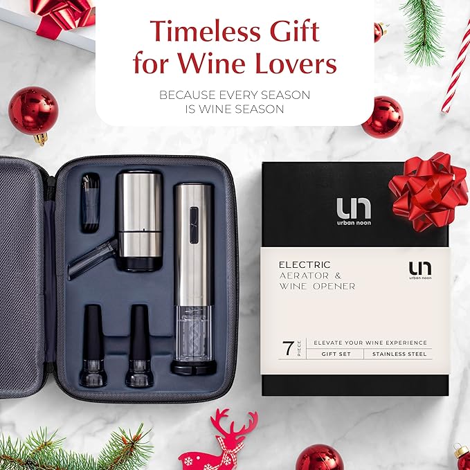 Rechargeable Electric Wine Opener Set with Aerator, Foil Cutter & Vacuum Stoppers – Automatic Wine Bottle Opener Kit with Portable Case – 7 Piece Wine Gift Set (Silver)