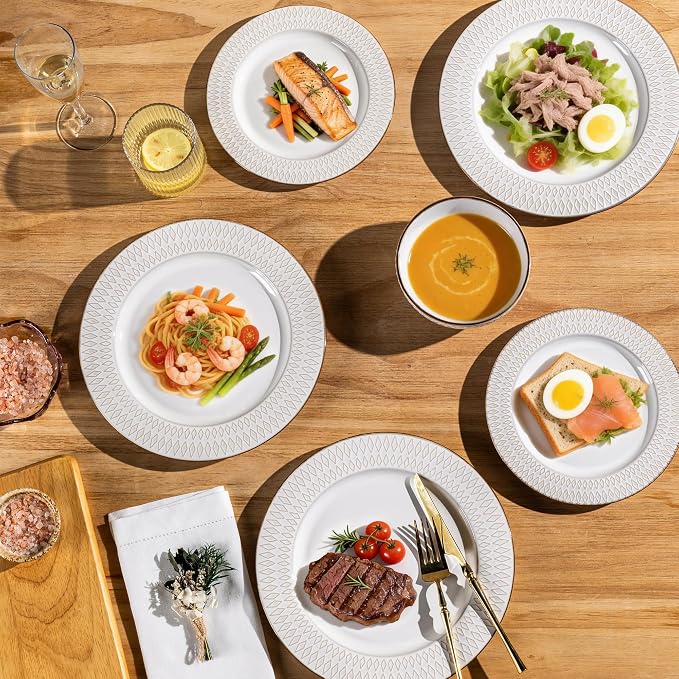 GBHOME Ceramic Dinnerware Sets,12 pcs Embossed Elegant Stoneware Plates and Bowls Sets, Housewarming Wedding Gift | Dishwasher & Microwave Safe | Dishes Set Service for 6