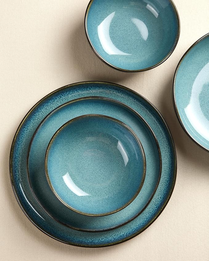 Pokini Plates and Bowls Sets, 16 Pieces Dinnerware Set for 4 with Pasta Bowls, Handmade Dishes Set, Chip Resistant Dishware Sets, Microwave Safe Dinner Set, Designed for Interactive Meals, Green Black