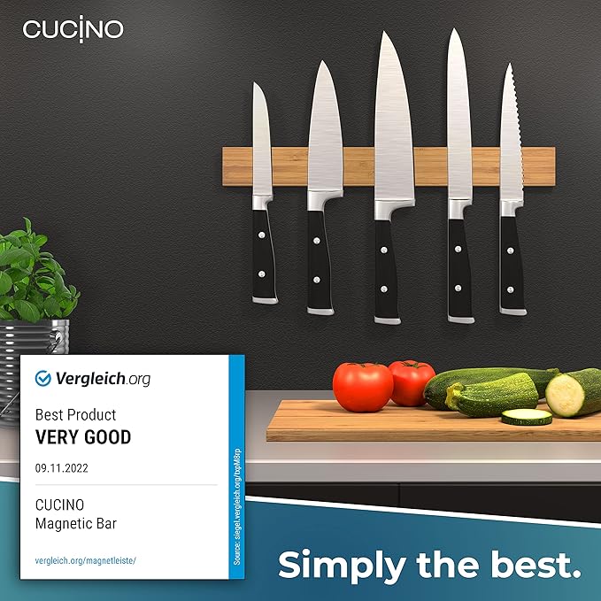 CUCINO Magnetic Knife Holder for Wall 16" - No Drilling incl. Self Adhesive Tape - Extra strong Magnet - Awarded Strip - Made of Bamboo