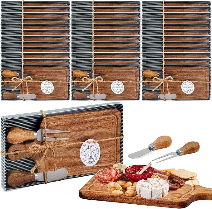 Ziliny 36 Set Bridal Baby Shower Cheese Prizes Wooden Square Board Gift Set Knives Forks Thank You Tags with Box for Guests for Valentines Bridal Baby Shower Housewarming Gifts (Acacia Color)