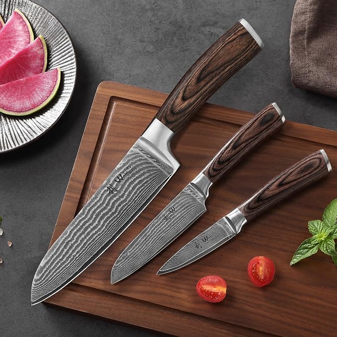 Wakoli EDIB 3-Piece Damascus Kitchen Knife Set in Wooden Gift Box, Razor Sharp Genuine Damascus Steel (VG10 Core), Includes Santoku, Small Santoku and Paring Knife, Ergonomic Pakkawood Handle