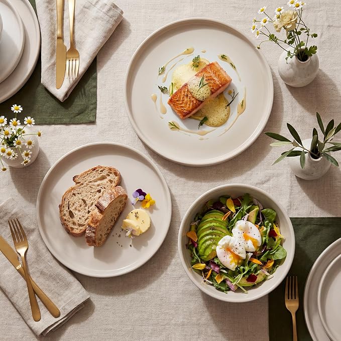SMIRLY Stoneware Dinnerware Set for 4, 12-Piece Ceramic Plates and Bowls Set, Chip & Scratch Resistant Dish Set, Microwave, Dishwasher & Oven Safe for Everyday Meals, Cream White