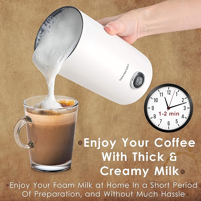 Mixpresso Electric Milk Frother, Stainless Steel Milk Steamer & Milk Warmer, Automatic Shutoff, Non-Stick Interior, Cool Touch, 9.4 oz/6.0oz Capacity, White Electric Frother
