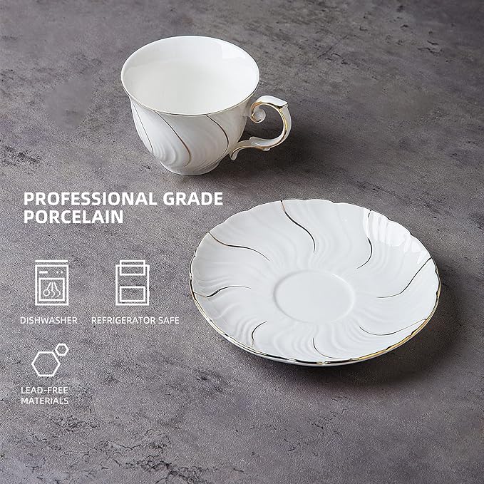 Agyiuns Tea Cups Set Of 6, Tea Cup And Saucer Set,6oz for Tea,Coffee, Latte, Cafe Mocha, Porcelain Tea Party Set (White with gold thread set of 6)