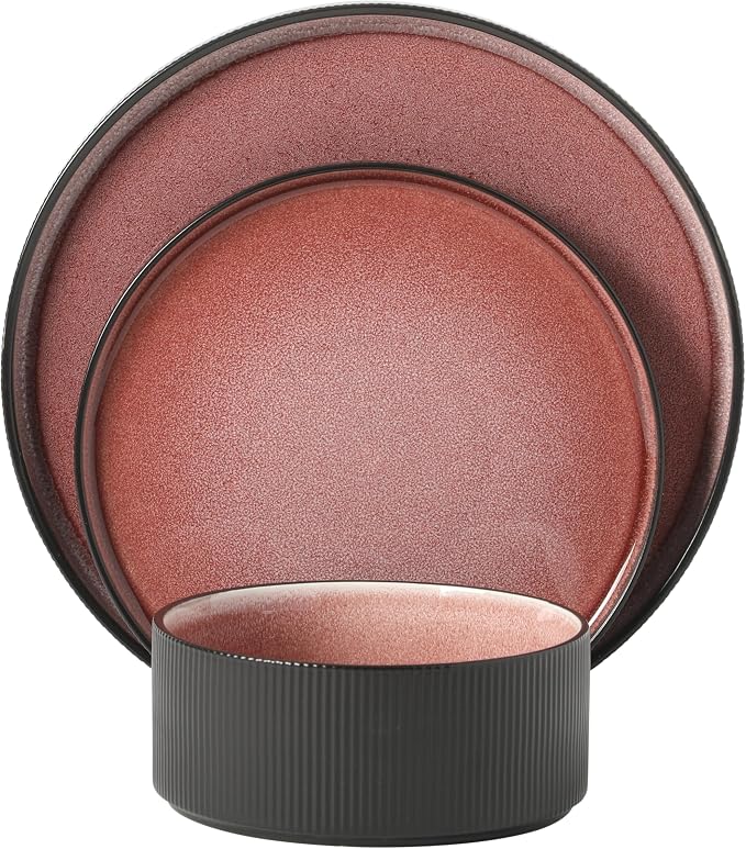 Gibson Elite Redrock Canyon 12-Piece New Bone China Dinnerware Set Service for 4, Reactive Glaze Plates and Bowls, Dishwasher and Microwave Safe, Brick Red