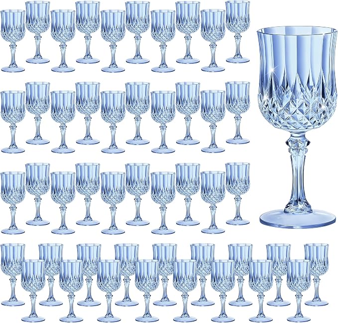 7OZ Plastic Wine Glasses, Reusable Vintage Goblets Unbreakable Drinking Glasses Crystal Water Cups Champagne for Wedding, Parties (48, Blue)
