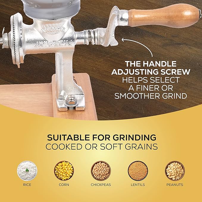 Corona Cast Iron Grain Mill with Wooden Table, Manual Grinder with Table For Corn, Rice, Lentils, Chickpeas, Cast Iron Grinder For Domestic Use