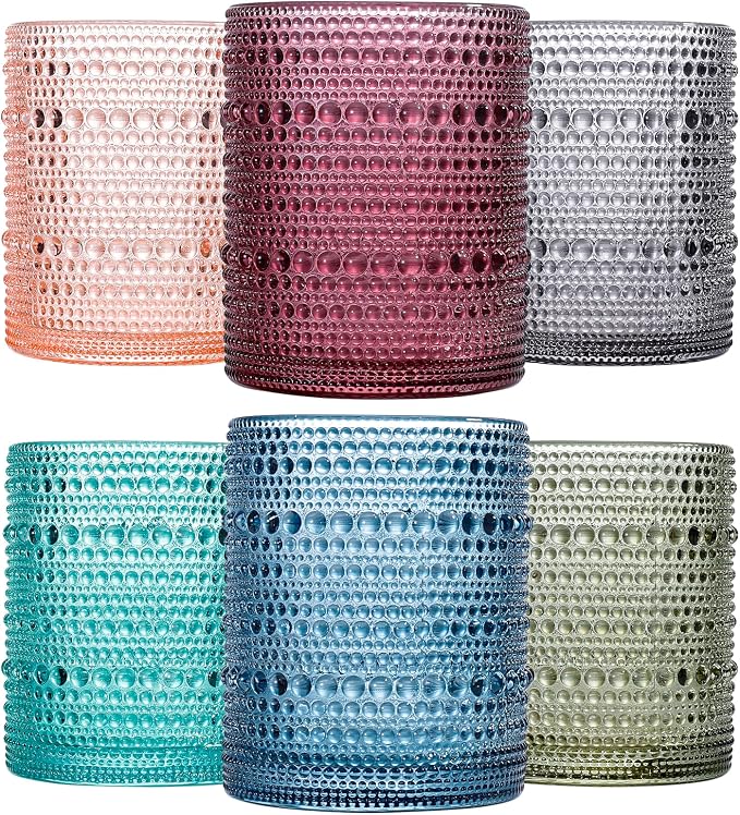 JOVGANK Colored Vintage Hobnail Drinking Glasses Set of 6, Embossed Water Tumbler 12oz, Kitchen & Bar Beaded Glass Cups, Beverage Glass Cups for Water, Beer, Juice, Housewarming Gift