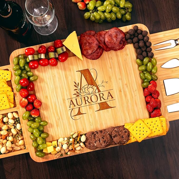 Personalized Monogram Charcuterie Board, Bamboo Cheese Board with Initial - Birth Flower Charcuterie Boards Gift Set, House Warming Gifts for New Home, Hostess Gifts 2026
