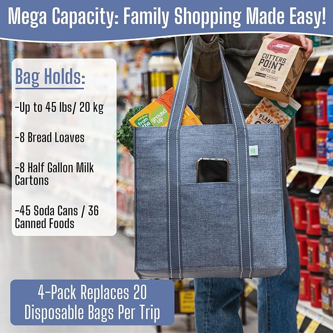 VENO 4 Pack Reusable Grocery Bags, Heavy-Duty Shopping Bags with Handles, Bags for Shopping Cart with Hard Bottom to Stand Upright, Foldable, Multi-Purpose(Gray, 4 Pack)