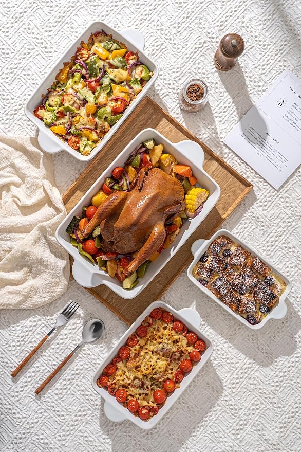 FOBENTA Casserole Dishes for Oven - Ceramic Bakeware Sets of 4, Rectangular Baking Deep Dishes with Handles, Lasagna Pans for Kitchen Cooking & Wedding Gift, Embossed