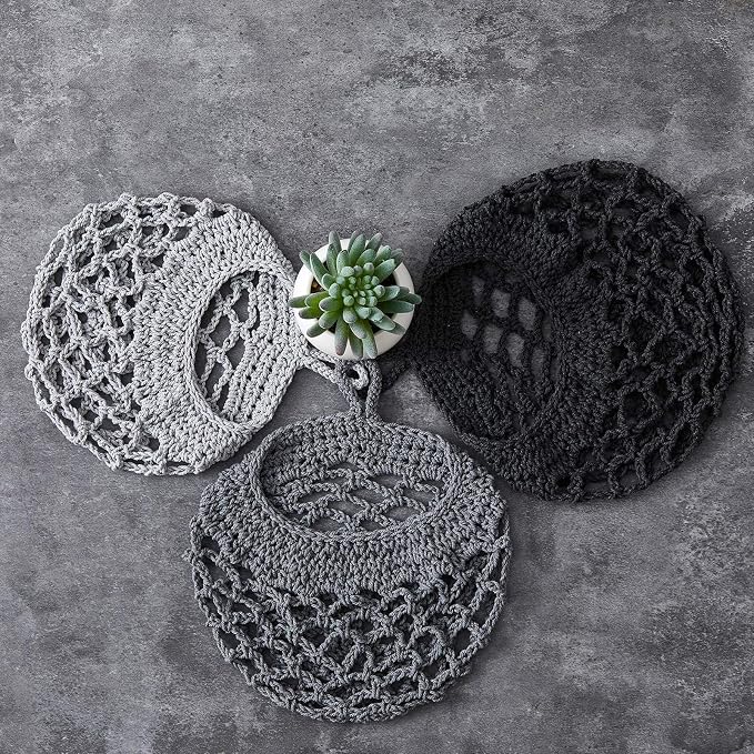 Honeydak Boho Decor Hanging Wall Baskets for Kitchen 3 Pack Teardrop Baskets with Hooks Storage Fruit Onion Vegetable Potato for Home 3 Sizes(Light Grey, White, Dark Grey,Crochet,Cotton Rope)